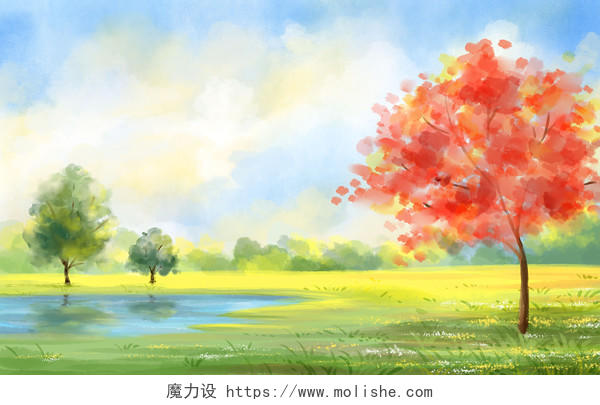 水彩风景插画手绘风景背景唯美蓝天绿地草坪湖泊草地树木大树